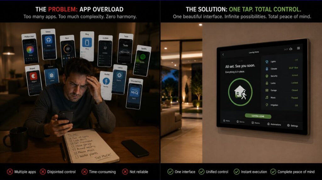 Comparing clunky independent mobile device apps with a unified sleek smart home control panel setup.