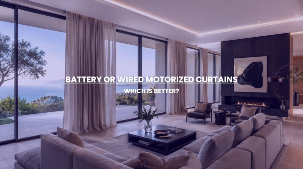 A luxury residential window wall showcasing the seamless operation and clean aesthetic of wired motorized curtains