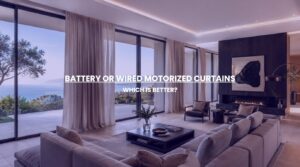 A luxury residential window wall showcasing the seamless operation and clean aesthetic of wired motorized curtains