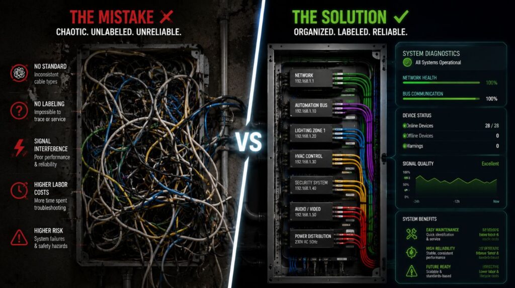 A split comparison graphic illustrating technical system errors versus organized deployment standards for a successful knx installation