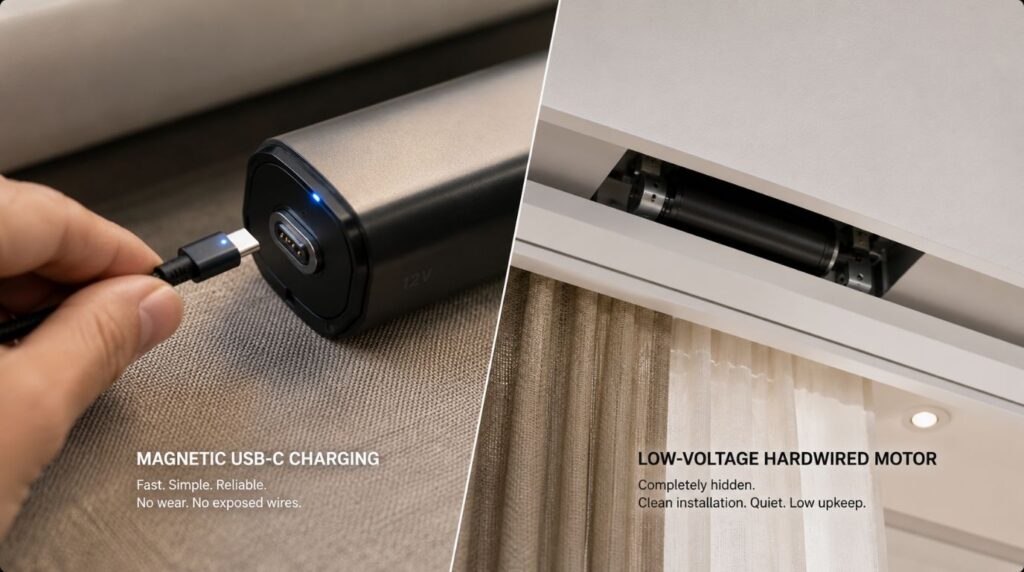 Comparing a rechargeable battery pack layout against a hardwired motor in modern smart curtain systems