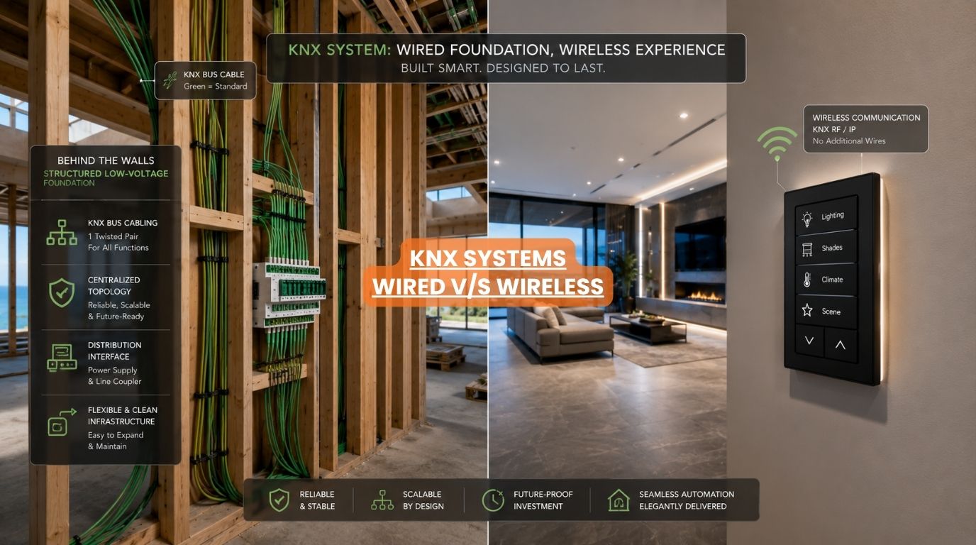 A comparative split layout showcasing the architectural integration of wired and wireless knx systems