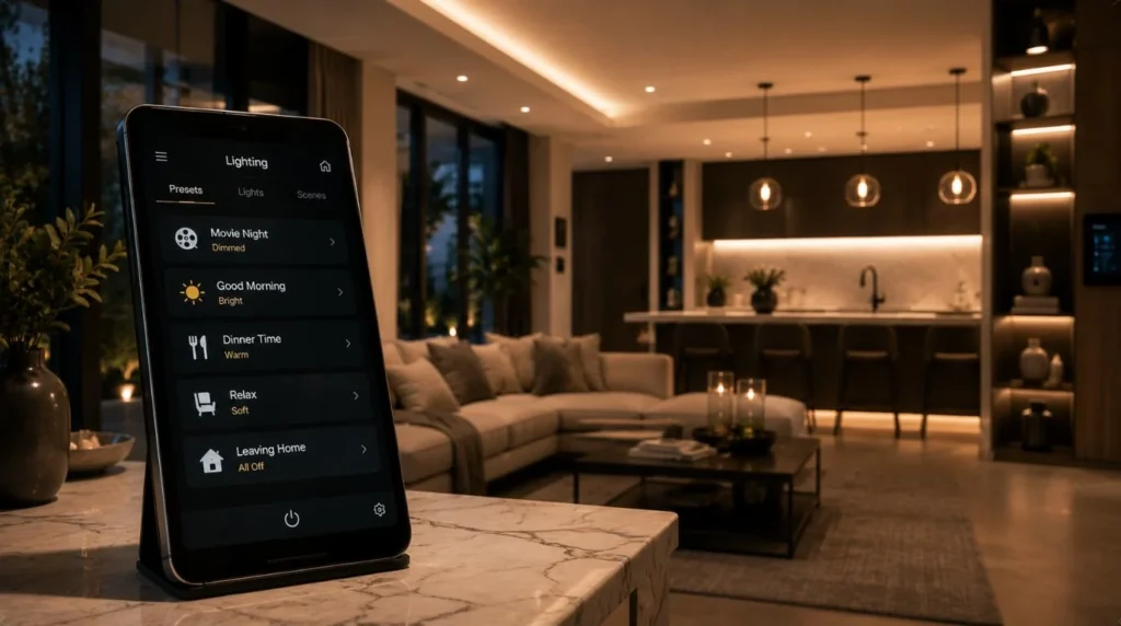 A tablet dashboard showcasing custom luxury automation presets after a professional Smart Lighting Installation.