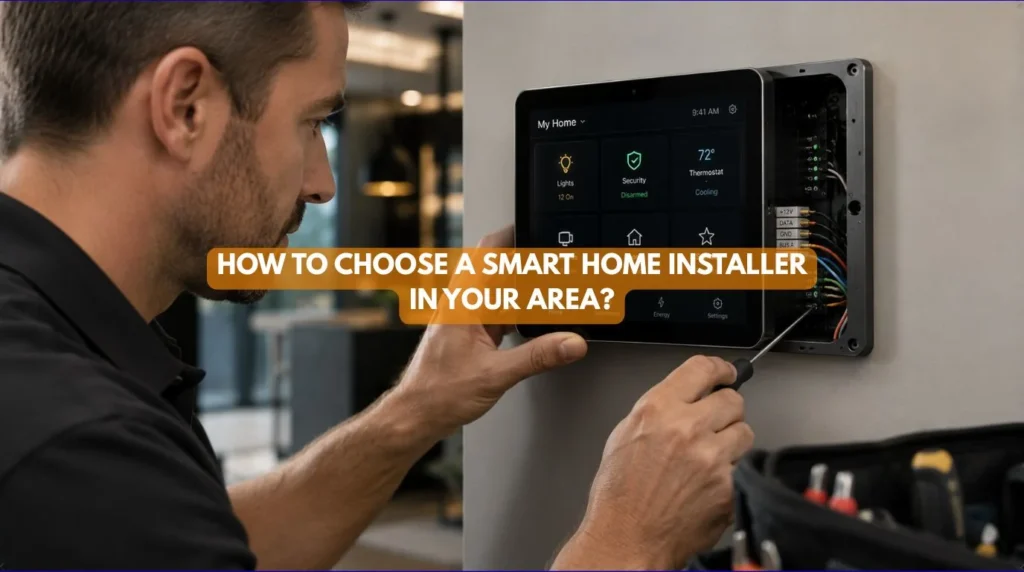 A professional home automation installer configuring a modern digital smart home system wall panel