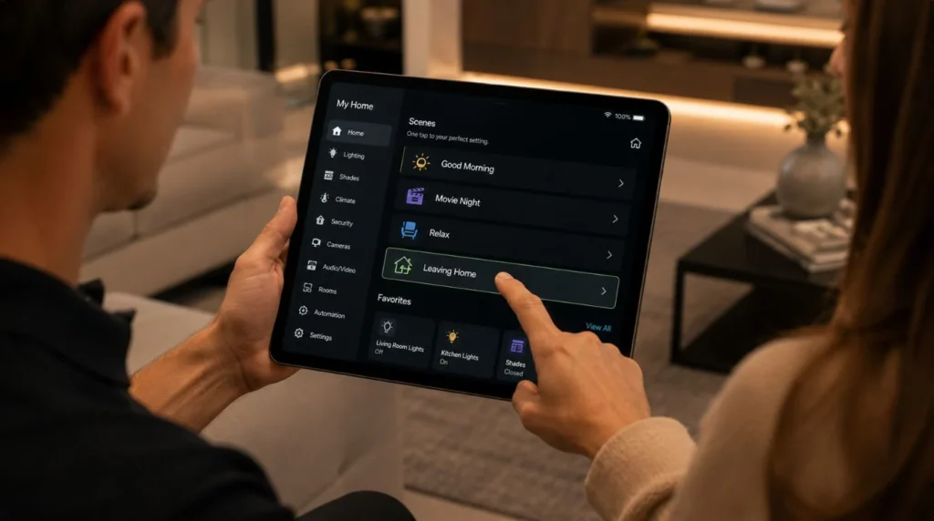 A tablet screen displaying intuitive automation scenes configured by a professional Smart Home System Installer.