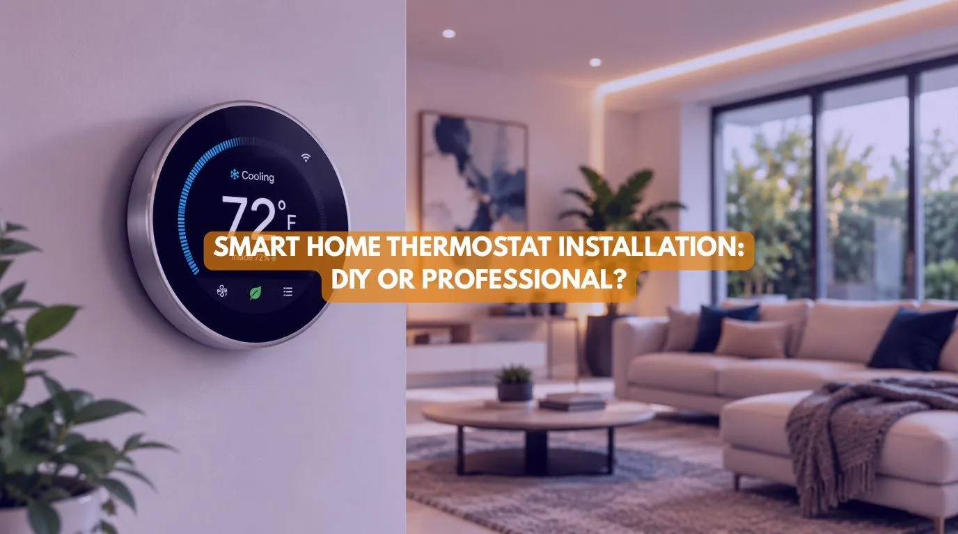 A modern Smart Thermostat mounted on a contemporary living room wall showing digital temperature controls