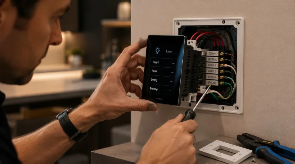 An expert technician configuring premium wall toggles and dimmers during a Smart Lighting Installation.