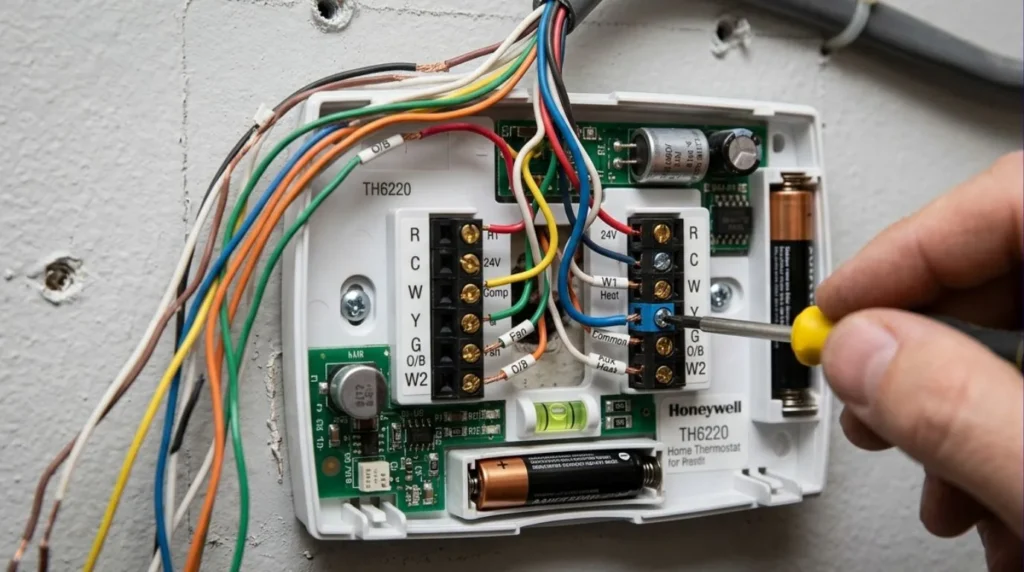 A close up view of low voltage HVAC terminal wiring prepared for a Smart Thermostat installation.