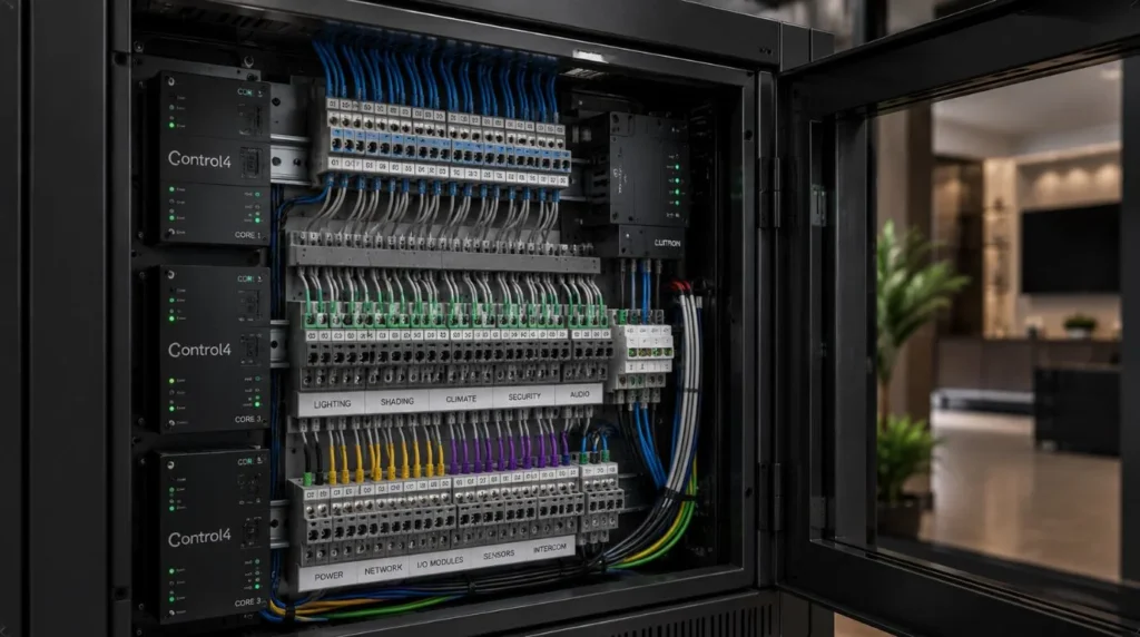 A structured central automation control cabinet built to minimize day to day Smart Home management tracking.