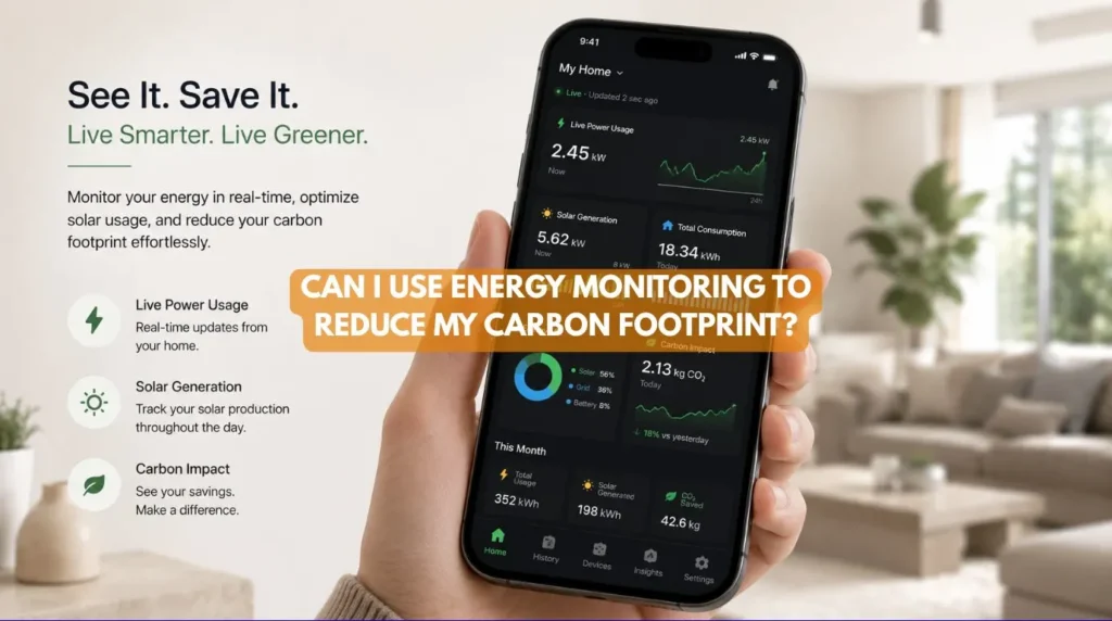 A mobile app interface tracking real time Energy Monitoring data and household carbon footprint metrics