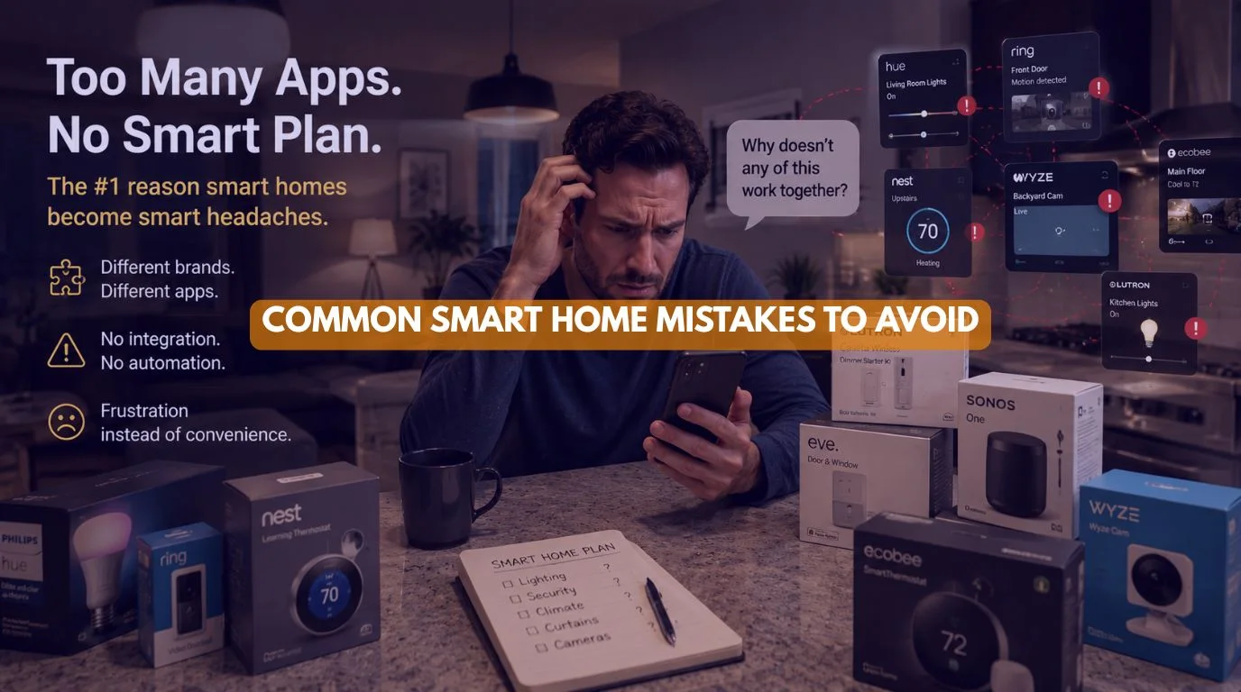 A frustrated homeowner reviewing conflicting mobile apps to avoid common Smart Home Mistakes