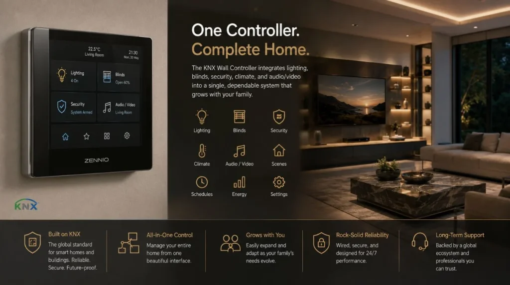 A sleek KNX touch screen panel unit designed to unify automation in a Smart Home for Busy Families.
