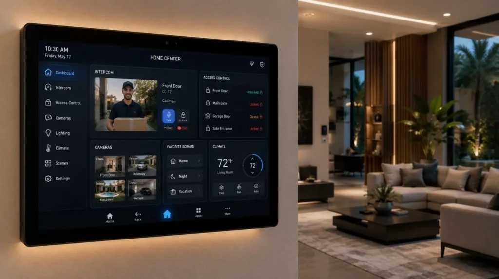 A multi-functional touch screen panel integrating a Smart Doorbell and intercom system.