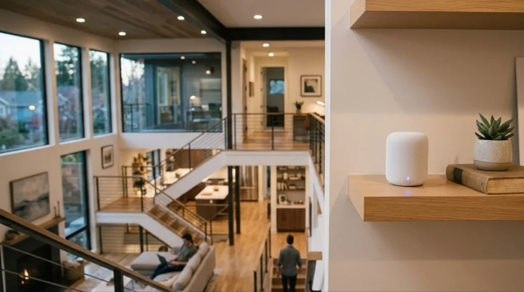 A sleek wireless mesh access point positioned to eliminate dead zones in modern Smart Home Networking setups.