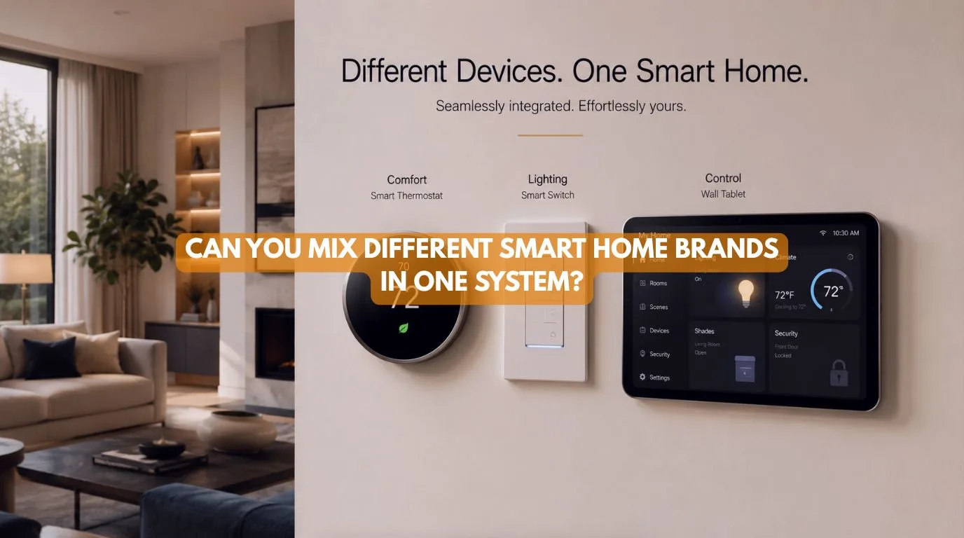 An integrated modern living room interface demonstrating seamless compatibility across different Smart Home Brands