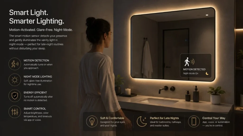 Automated vanity lighting fixture integrated with motion sensor Smart Bathroom Switches.