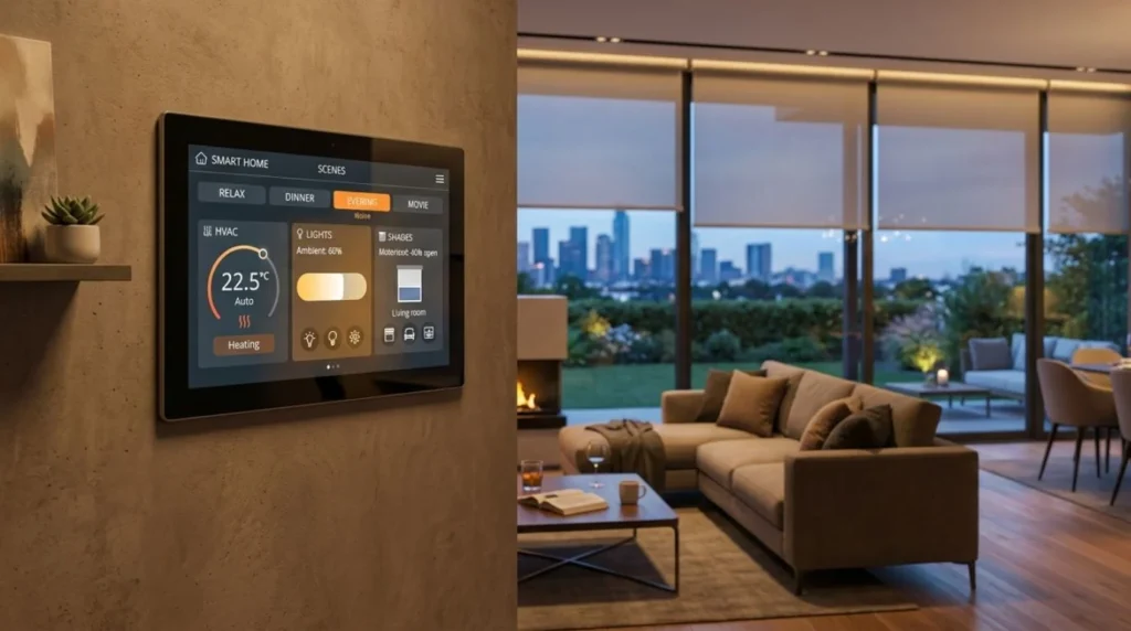 An integrated digital room controller managing multi zone HVAC and lighting alongside a Smart Thermostat system.