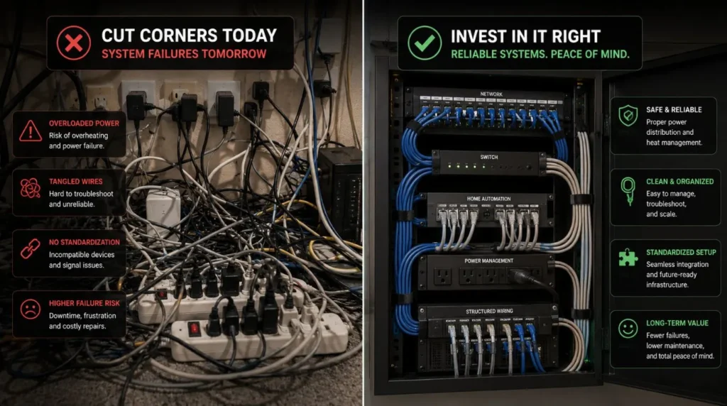 An organized networking panel built correctly to prevent critical performance and connectivity Smart Home Mistakes.