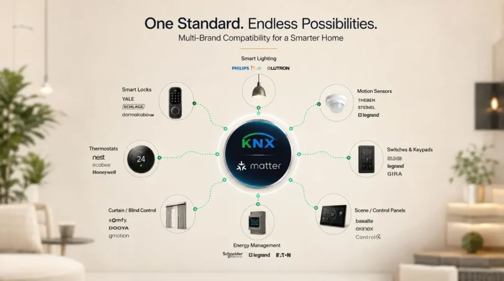 A conceptual diagram showing open protocols connecting devices from multiple Smart Home Brands into one hub.