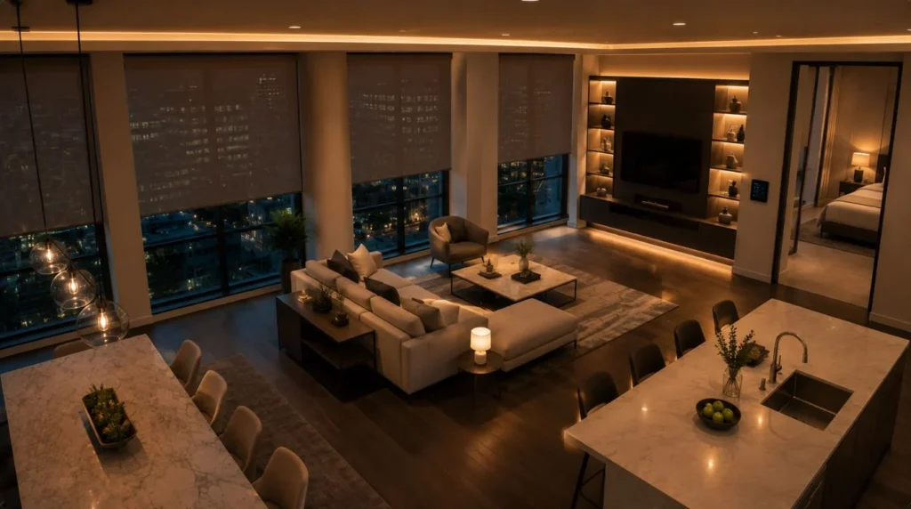 A premium automated living space showcasing integration work completed by a certified Smart Home System Installer