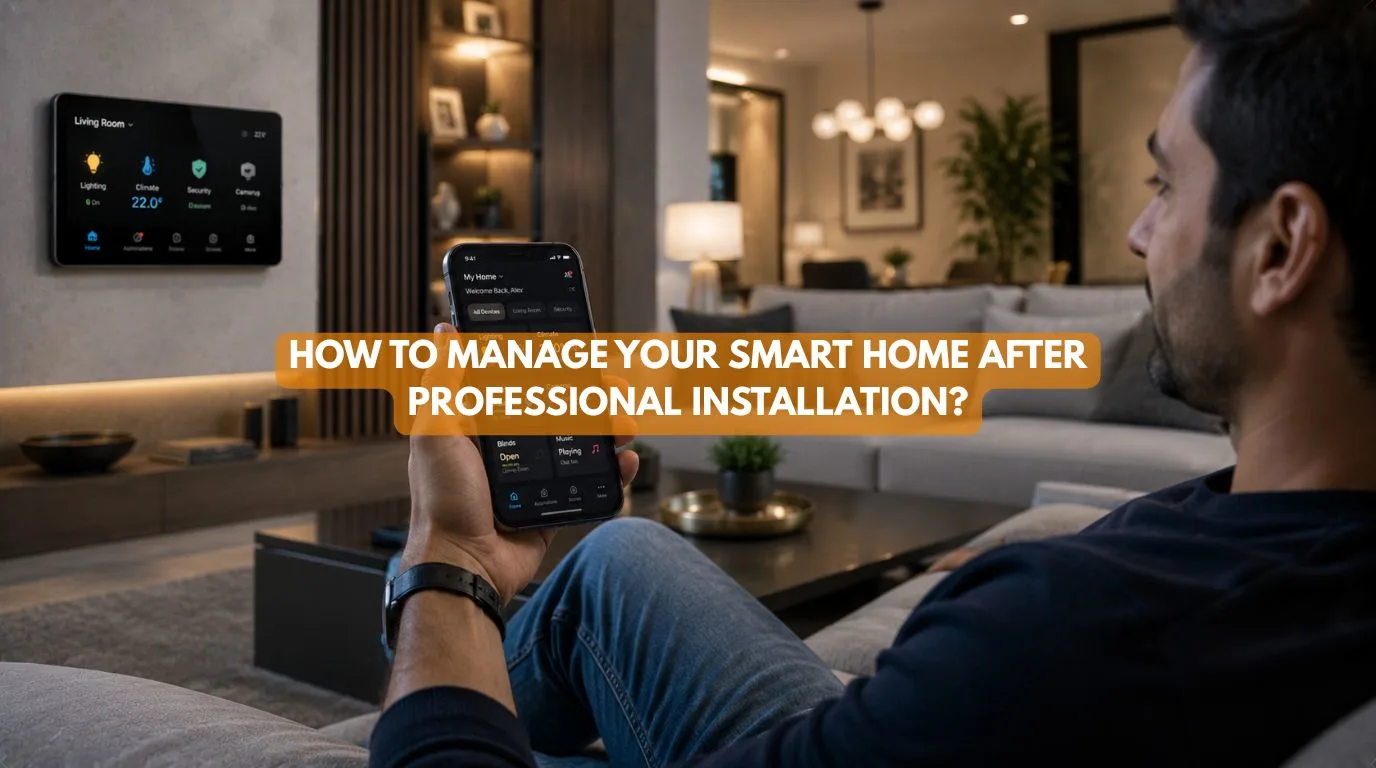 A homeowner sitting on a modern sofa using a clean smartphone dashboard for everyday Smart Home management