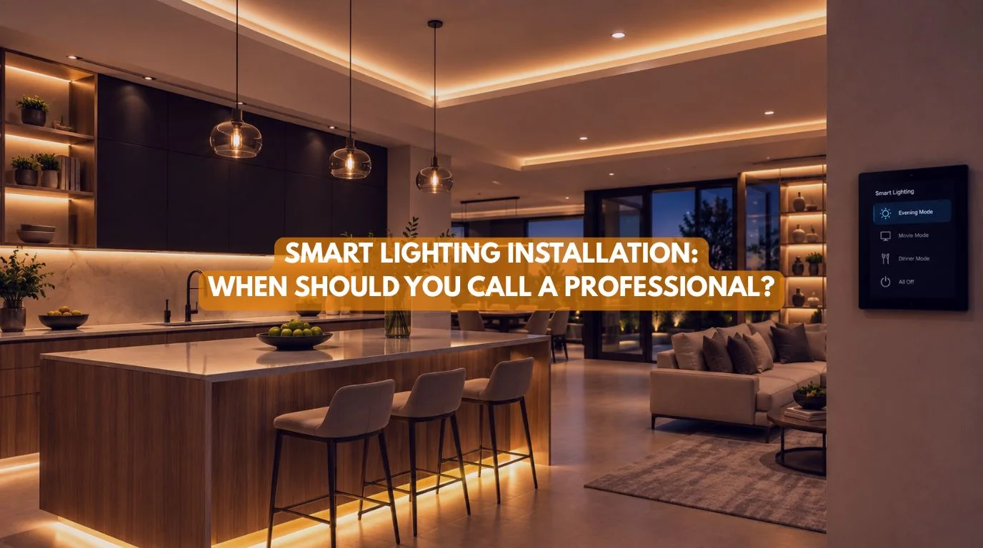 An elegant architectural living area displaying layered ambient scenes achieved through a professional Smart Lighting Installation