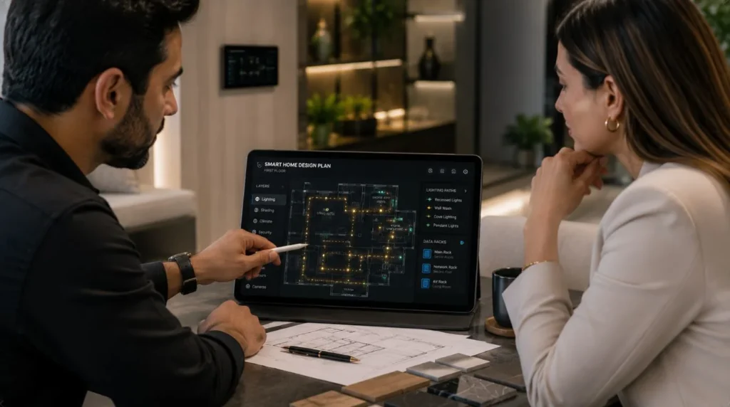 An experienced home automation installer mapping out network architecture on a digital tablet blueprint