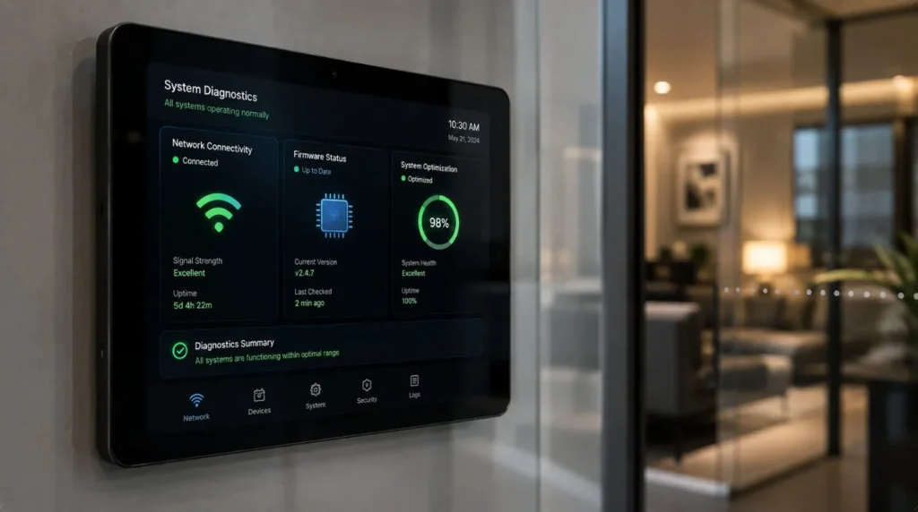 A wall mounted digital touch panel interface running security software updates for seamless Smart Home management.