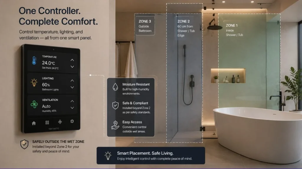 An intelligent wall switch unit managing climate and Smart Bathroom Switches in a modern interior.
