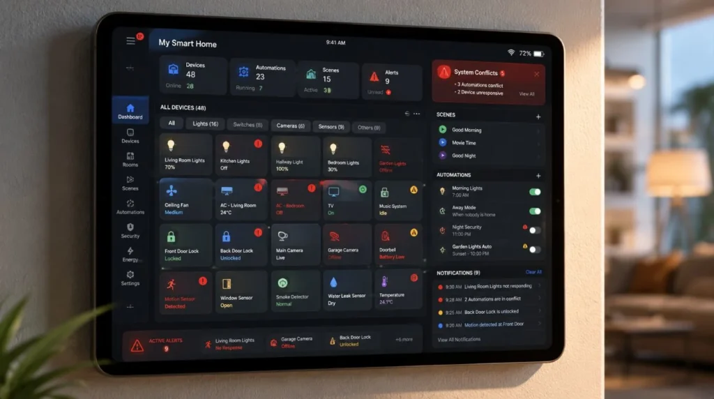 A crowded tablet control panel demonstrating usability issues caused by widespread Smart Home Mistakes.