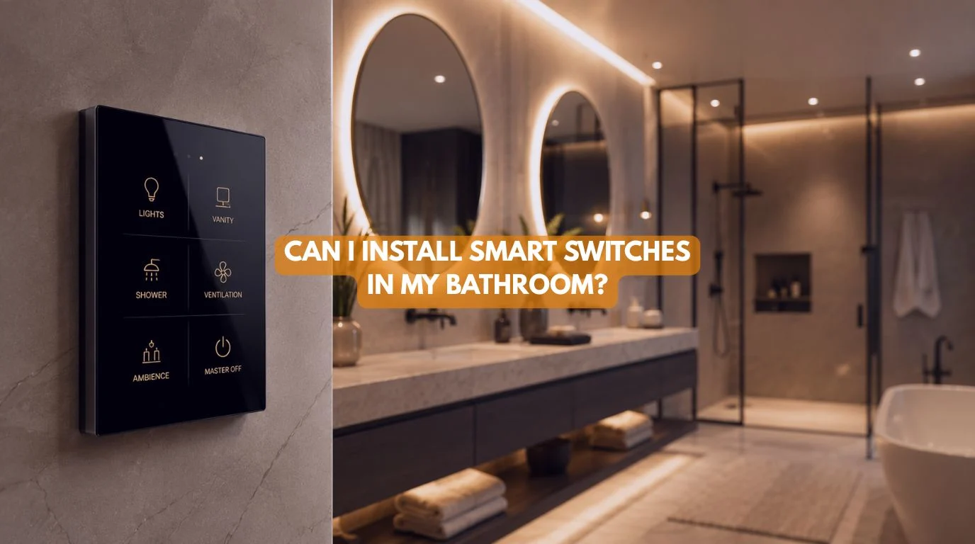 A modern luxury bathroom featuring sleek touch panel Smart Bathroom Switches installed safely outside wet zones