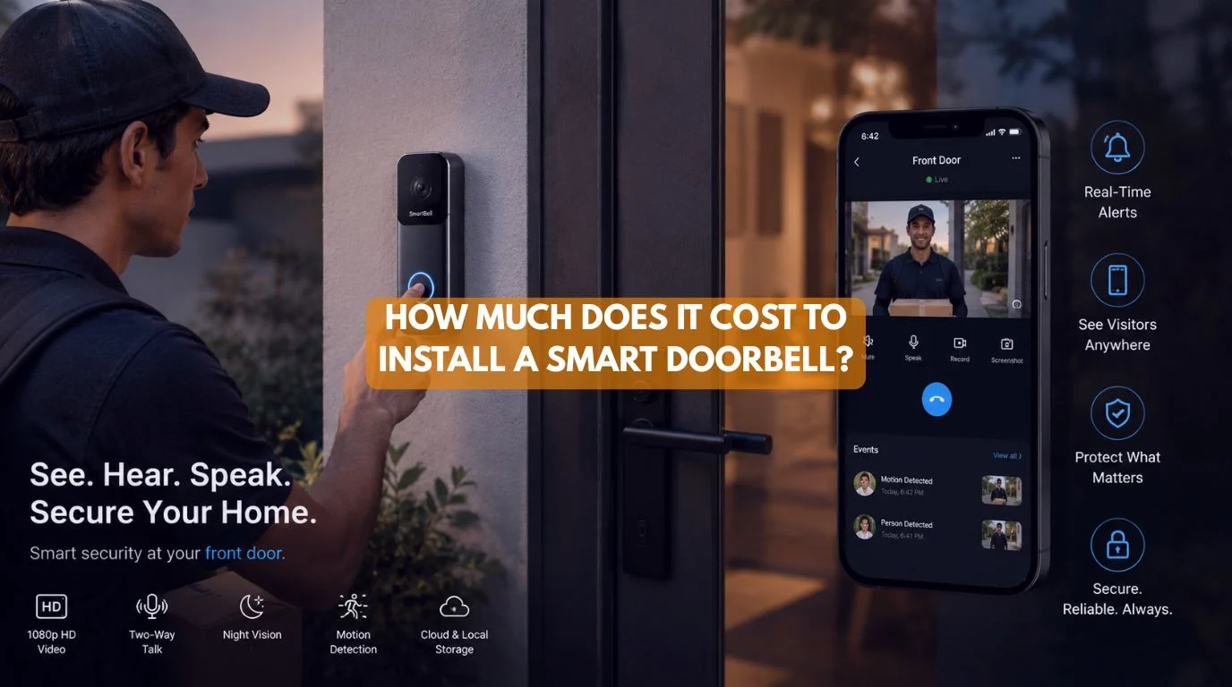 A visitor pressing a modern video Smart Doorbell installed at a residential front door