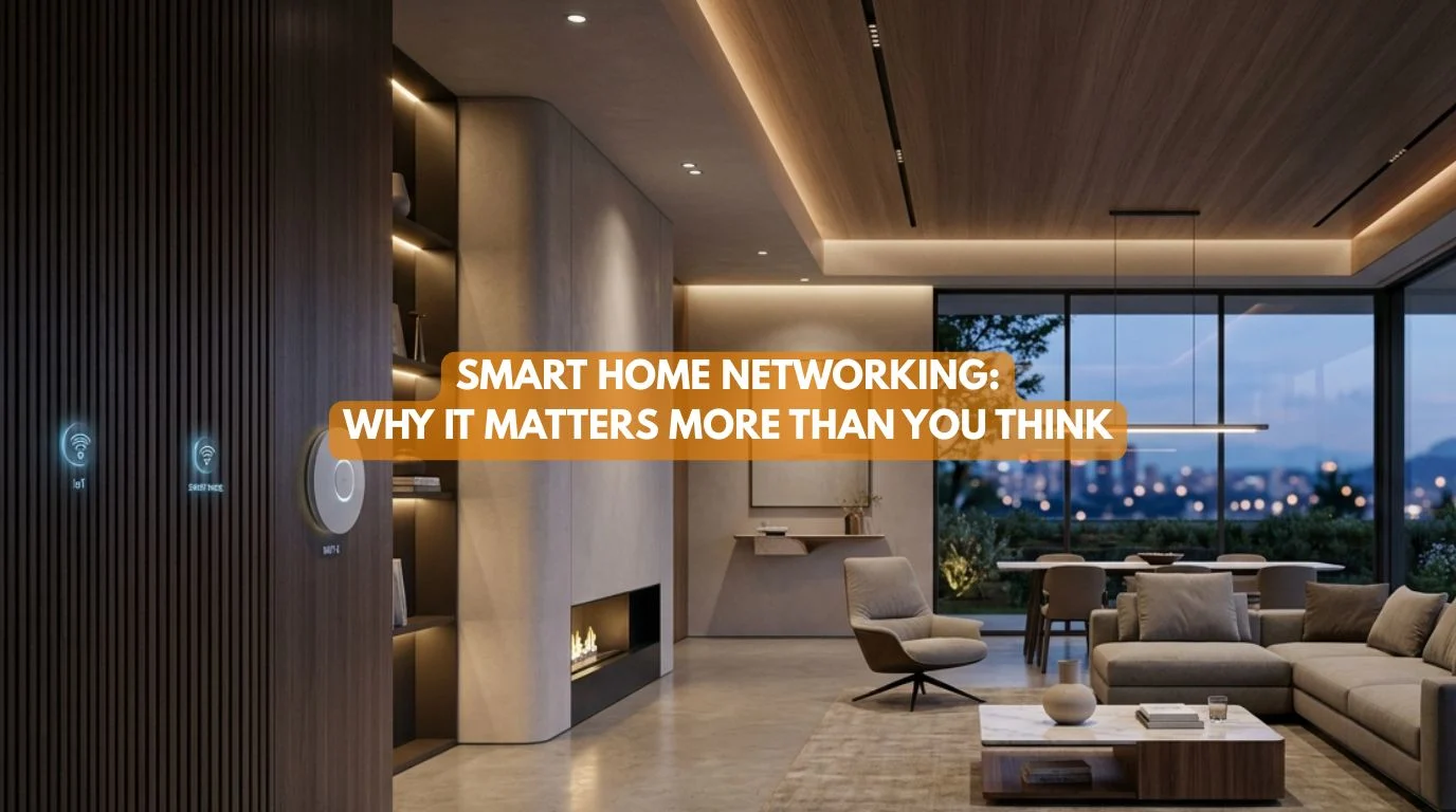 An elegant modern living interior highlighting the invisible digital backbone of reliable Smart Home Networking