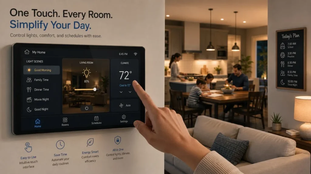 A homeowner adjusting smart lighting and climate settings on a wall touch panel in a modern Smart Home for Busy Families.