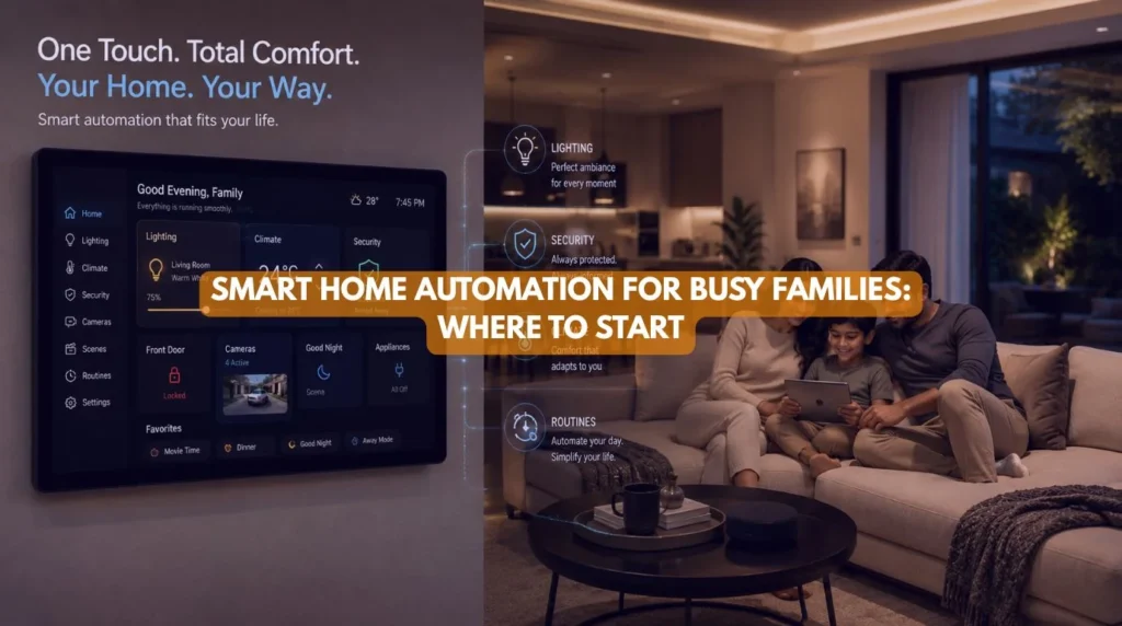 A wall-mounted smart home control panel displaying lighting and climate controls in a cozy living room for a Smart Home for Busy Families
