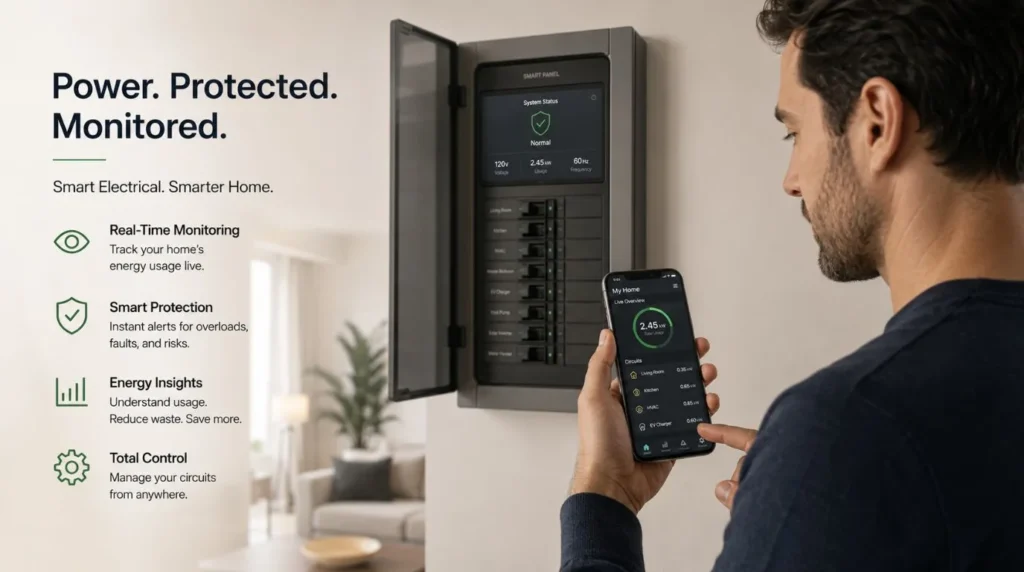 A homeowner adjusting settings on an Energy Monitoring mobile application near a smart circuit breaker panel.