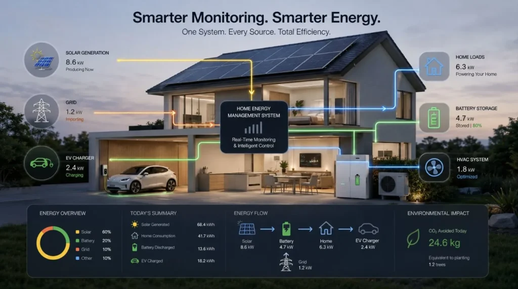 An architectural diagram of a sustainable smart home integrating solar power with automated Energy Monitoring.