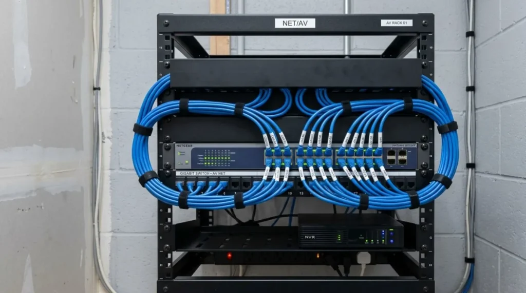 A neatly organized network rack enclosure with Cat6 patch cables powering high speed Smart Home Networking.