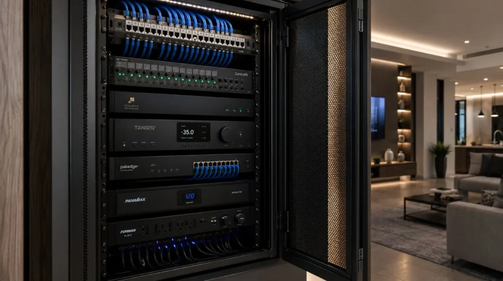A flawlessly organized central automation data network rack built by a certified home automation installer.