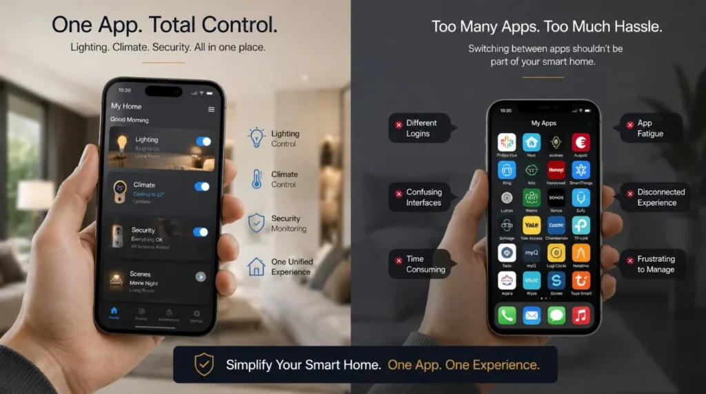 A smartphone displaying a single unified app controlling multi-vendor devices from top Smart Home Brands.