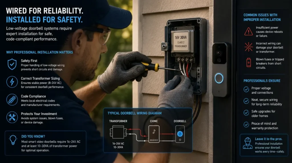 An electrician upgrading transformer wiring during a wired Smart Doorbell installation.