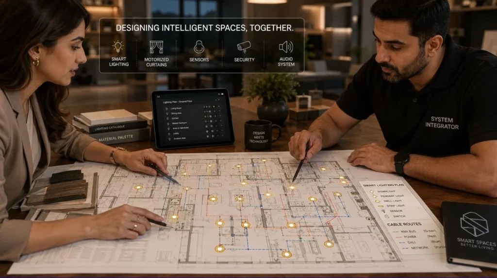 An architect and home builder reviewing floor plans to ensure a premium smart home worth it