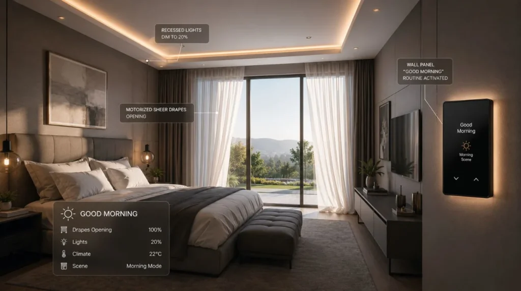 Motorized curtains and smart lighting activating simultaneously as part of an integrated scene in a Smart Home From Scratch