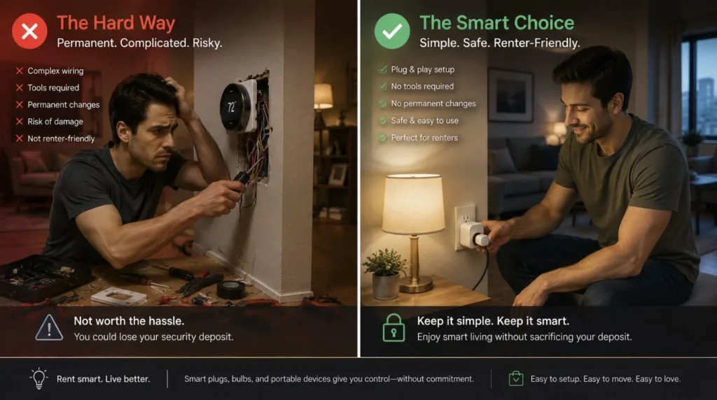  A comparison showing a renter making a mistake with complex, permanent wiring for a smart device versus a renter successfully choosing a simple, portable smart plug for easy Smart Home Installations.