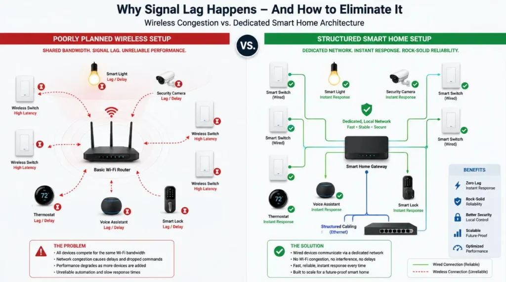 Visual warning illustrating network slowdown when connecting too many Wi-Fi home automation switches without proper infrastructure.