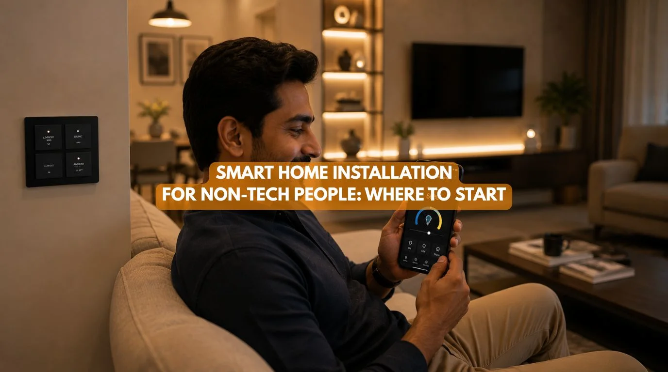 A homeowner easily controlling room lights via a mobile app after learning how to install home automation