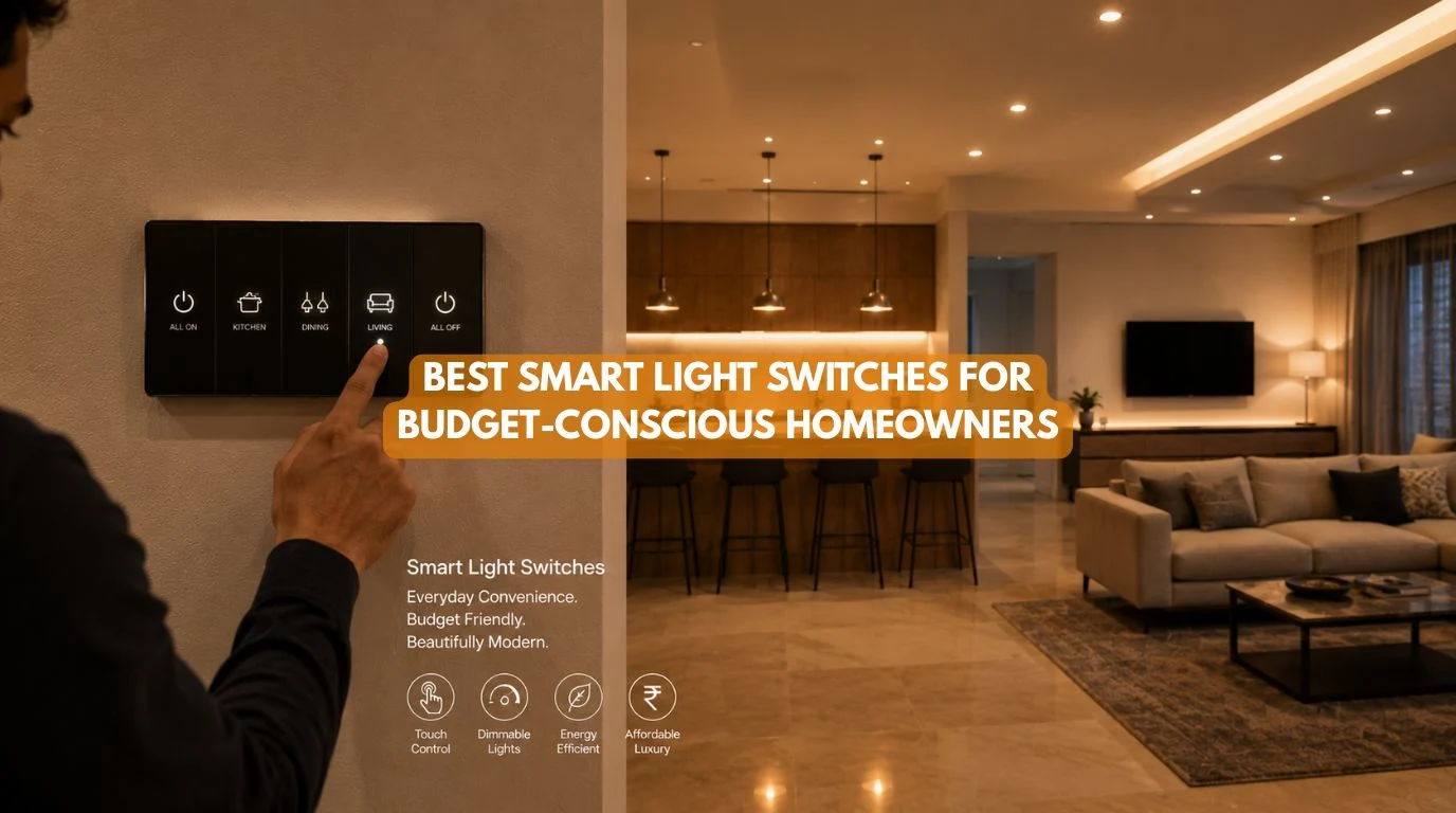 A homeowner adjusting ambient modern room lighting using budget friendly Smart Light Switches