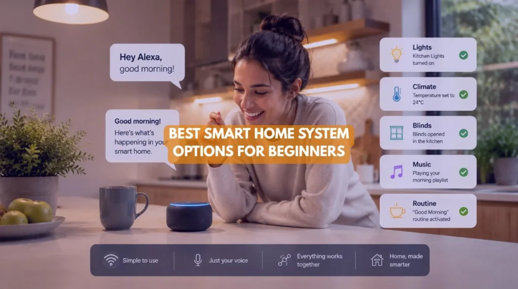 A happy homeowner using a smart speaker to control the Best Smart Home System in a modern kitchen