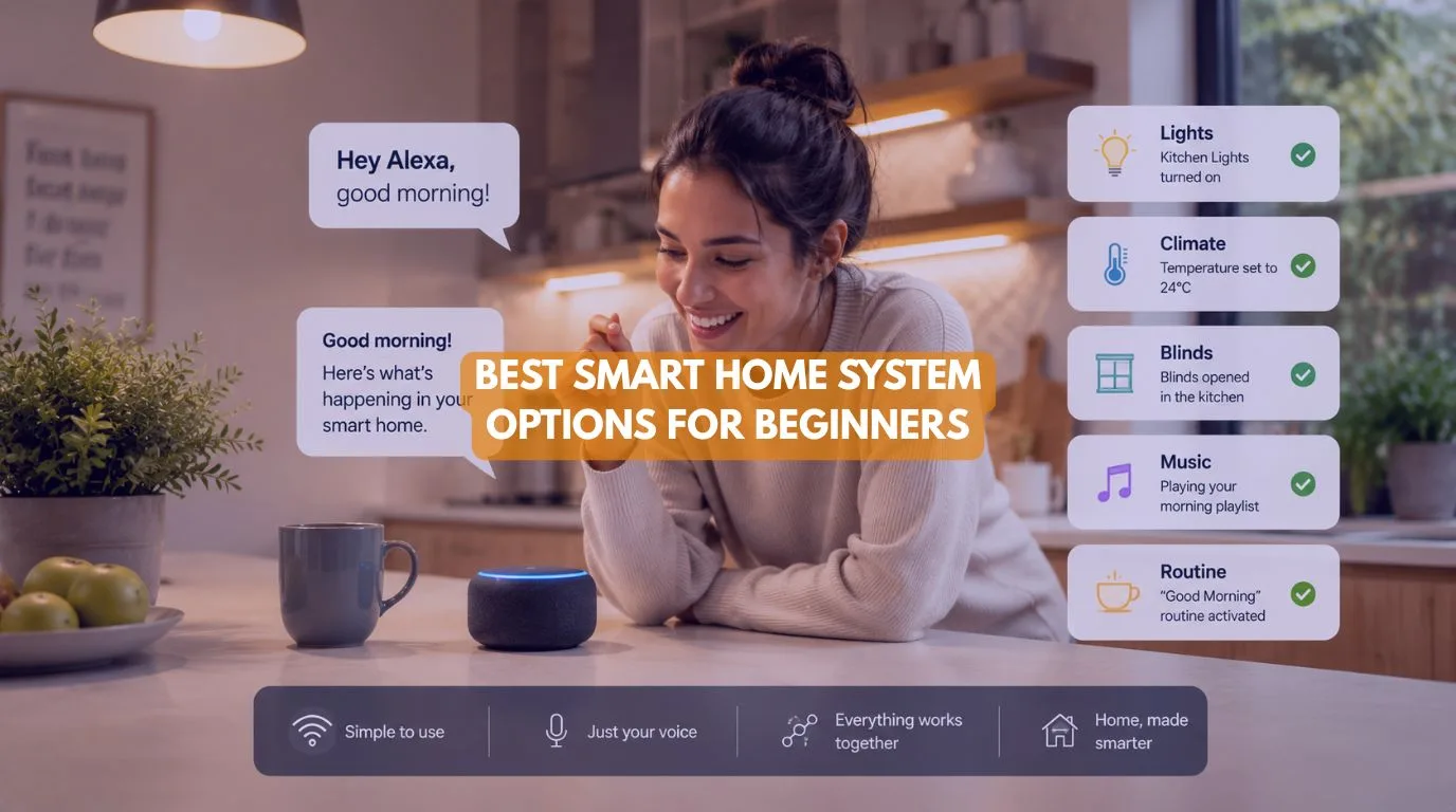 A happy homeowner using a smart speaker to control the Best Smart Home System in a modern kitchen