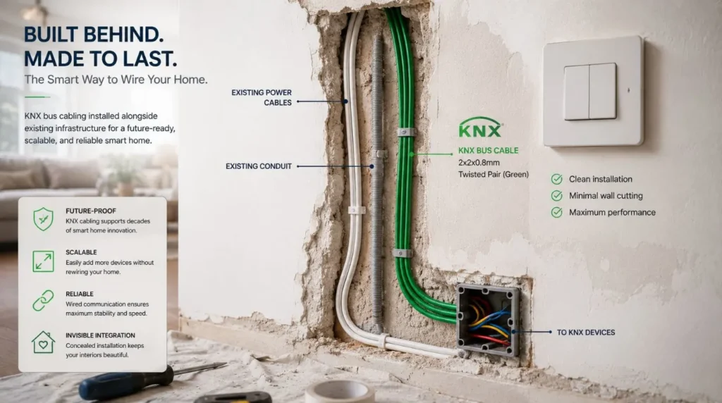 Running dedicated automation control cables through wall channels to support heavy duty Smart Home technology.